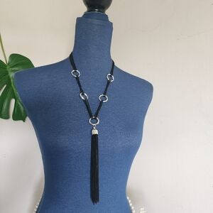 Long Multi Black Chain Necklace with Tassel and Matching Earrings Set